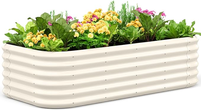 Quictent Galvanized Raised Garden Bed Kit Tall, 6x3x1.5 ft Oval Large Planting Box Strengthened by Crossbar, for Vegetables Outdoor, Beige