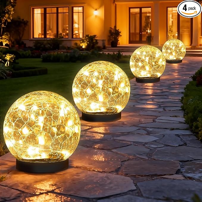 Solar Garden Lights Outdoor Waterproof, 4 Pack Cracked Glass Ball Light, Ground Landscape Garden Decor, Solar Globe Decorative for Pathway/Patio/Lawn/Yard (Warm White, 4.7")
