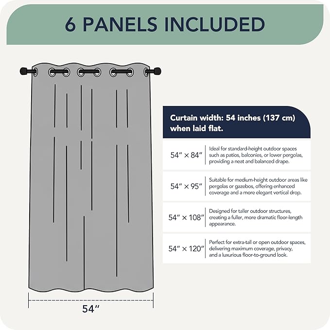 Outdoor Curtains for Patio Waterproof 6 Panels - Windproof, Privacy, Weatherproof Outside Drapes for Gazebo Pergola Porch, Grommet Top and Tab Bottom, 54x108 Inch, Teal