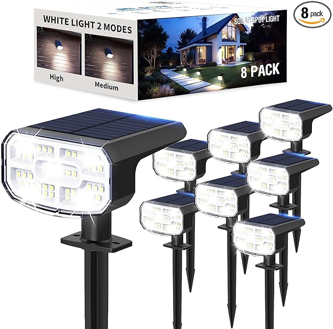 Solar Lights Outdoor Waterproof IP65, Super Bright LED,Cool Light 2 Lighting Modes Selectable, Solar Powered Yard Garden Solar Spot Lights for Outside Landscape Auto On/Off -8 Pack