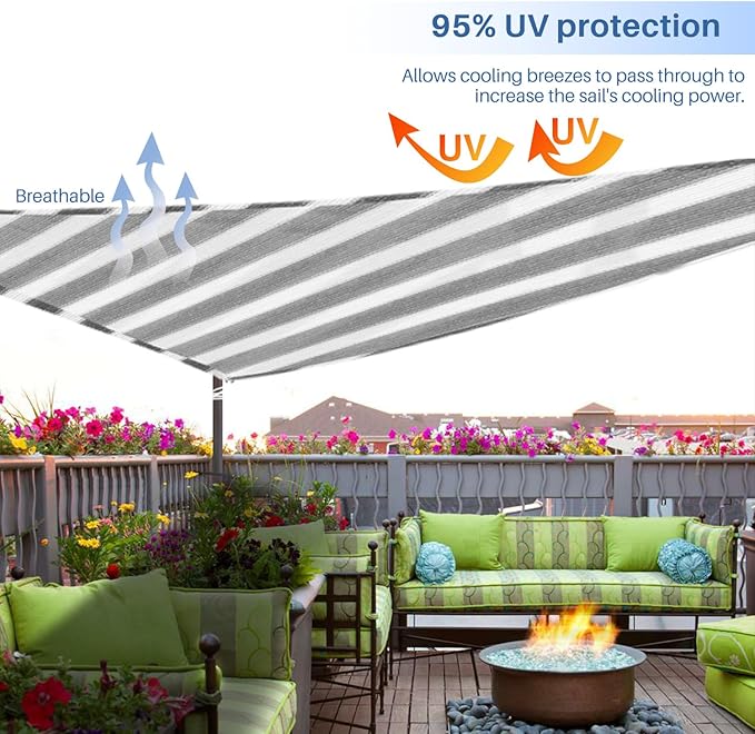 E&K Sunrise 17' x 17' x 17' Sun Shade Sail Triangle Canopy Shade Cover UV Block for Patio Backyard Garden Outdoor (Gray White Strip)