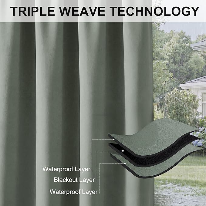 RYB HOME Outdoor Curtains for Patio Waterproof Block Sunlight Thermal Insulated Privacy Assured Thick Outside Curtains for Pergola, Deck, Gazebo, W52 x L90, Sea Green, 1 Panel