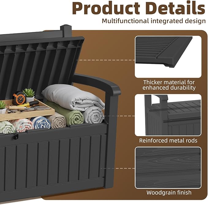 EasyUp 80 Gallon Wood Grain Style Outdoor Storage Bench, Waterproof and Lockable Deck Box Outdoor Storage Furniture for Patio,Garden,and Porch – Perfect for Storing Garden Tools and Cushions(Black)