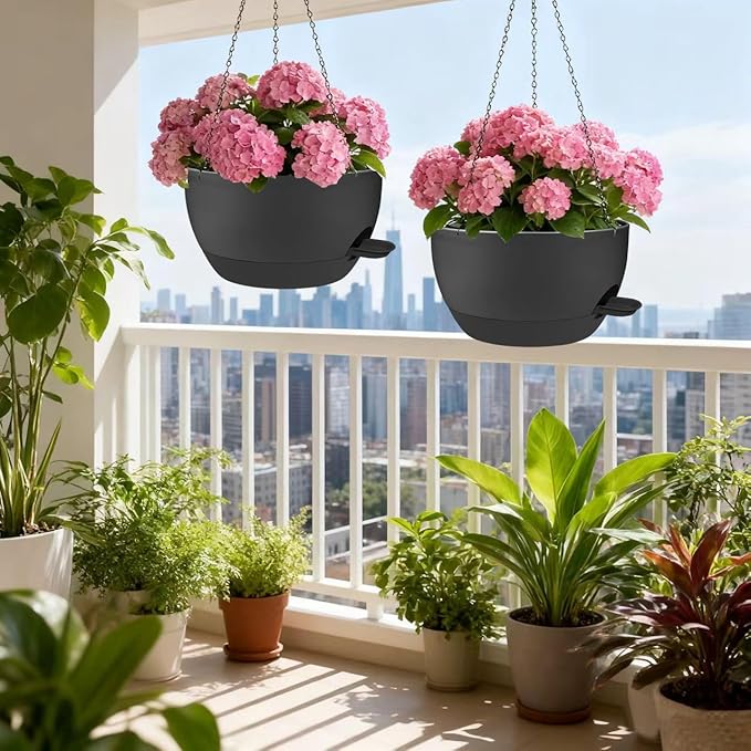 2 Pack Hanging Planters for Indoor Outdoor Plants, 12 Inch Self Watering Hanging Pot with Drainage Holes and Saucer, Plastic Plant Pots, Black Flower Pots for Kitchen, Balcony, Garden