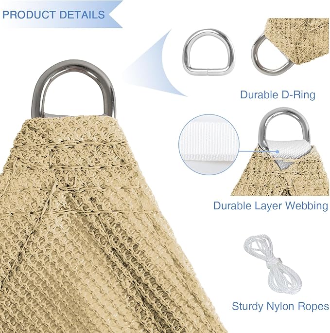 E&K Sunrise 9' x 9' x 9' Sun Shade Sail Triangle Canopy Shade Cover UV Block for Patio Backyard Garden Outdoor (Sand)
