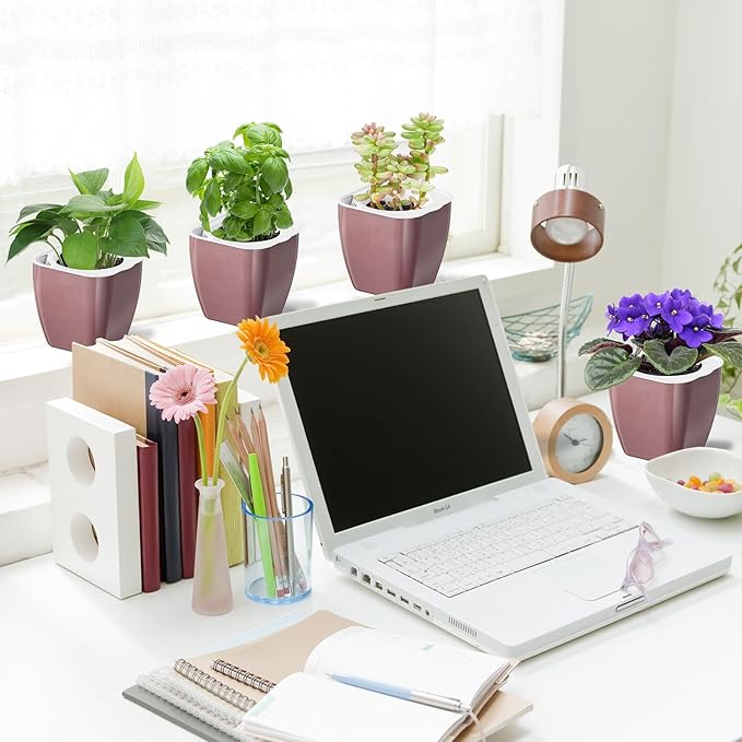4 Pack Self Watering Pots 4-inch Decorative Flower Planters for Indoor Plants Modern Square planters for Small Plants Window Sill Planters for Succulents, African Violets, Herbs(Rose Gold)