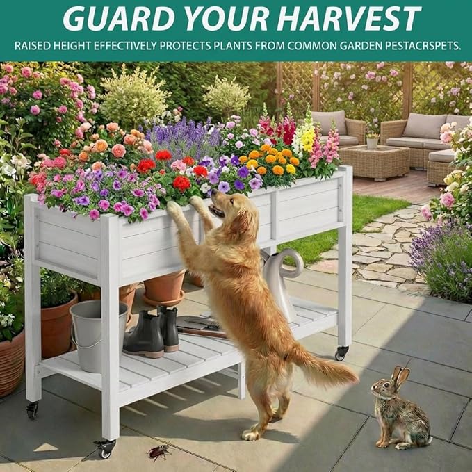 YITAHOME Raised Garden Bed HDPE, 47x18x31In Raised Flower Bed Poly-Wood Weather-Resistant Elevated Planter Box with Lockable Wheels & Storage Shelf for Vegetable Flower, White