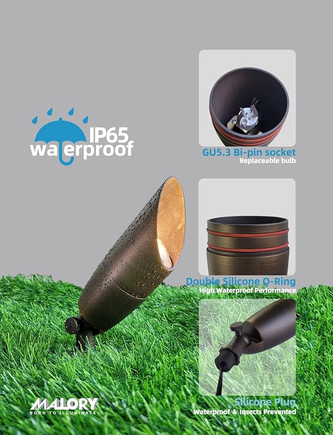 MALORY Solid Brass Landscape Spotlight 4-Pack with Bulb(S06), Low Voltage Front and Backyard Landscape Lighting with Large Rugged Slot Spike & Wire Connector,12V AC/DC Garden Patio Spot Up Light