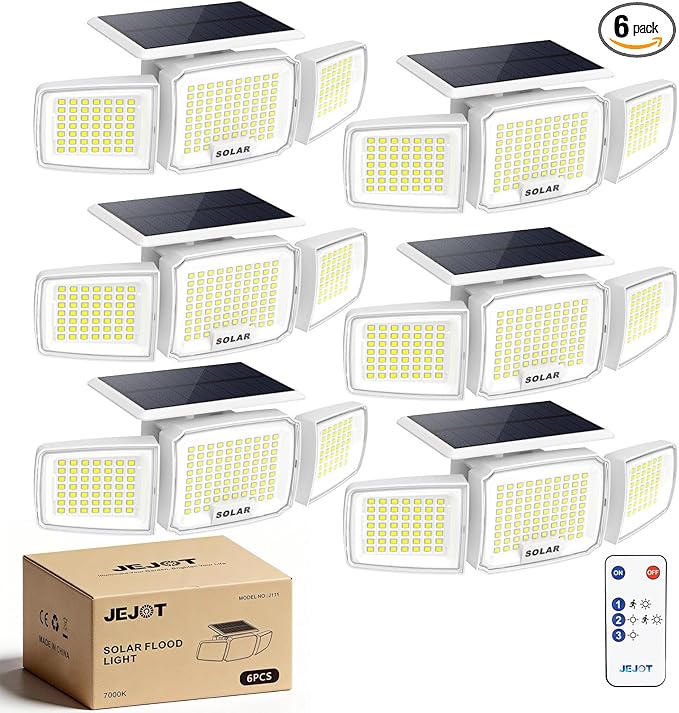 White Solar Security Light Outdoor Super Bright LED, Motion Sensor Flood Light, 3 Heads 270° Wide Angle, Remote Control, IP65 Waterproof, 3 Modes (6 Packs)