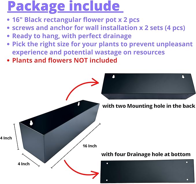 LaLaGreen Wall Planter (16 Inch, 2 Pack) Rectangular Metal Hanging Flower Pot for Succulents Carbon Steel Black, Long Window Sill Box Modern Fence Floating Garden Shelf for Deck Indoor Outdoor Decor