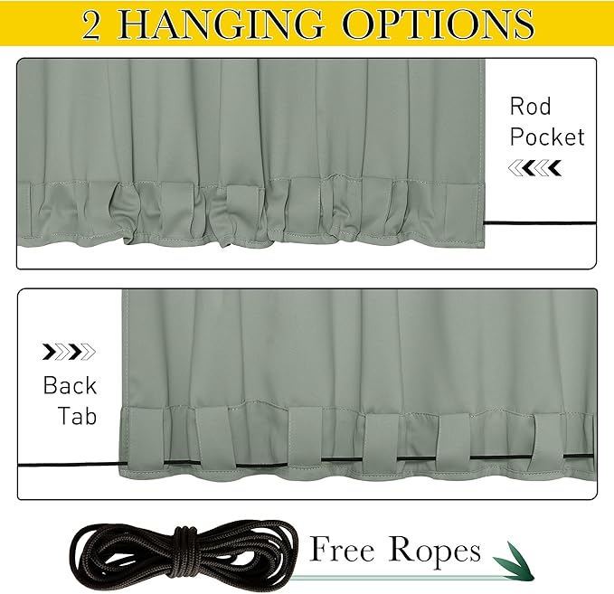 NICETOWN 2 Panels Outdoor Curtains for Patio Waterproof & Windproof, Extra Wide Grommet & Back Tab on Top & Bottom Thermal Insulated Sun Blocking Drapes with Rope for Gazebo, Sage Green, W100 x L95