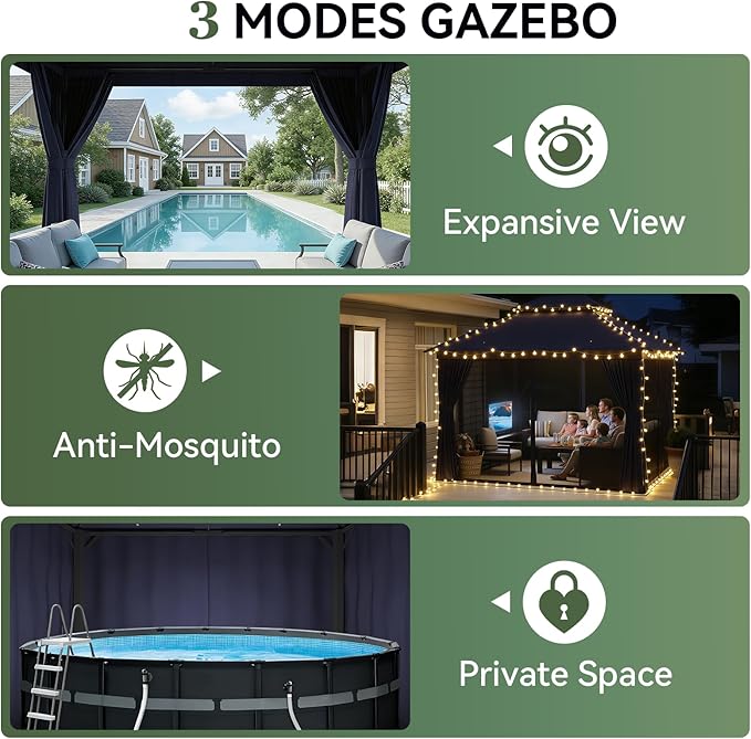 AOXUN Outdoor Gazebo for Patio 10x12 Metal Frame Canopy with Double Roofs Heavy Duty Party Tent and Shelter with Mosquito Netting and Privacy Screen for Backyard, Lawn, Garden, Deck (Navy Blue)