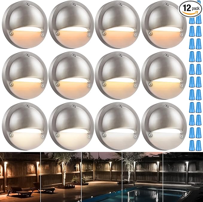 LEONLITE 12-Pack Update 5CCT LED Low Voltage Deck Lights, 180LM 3.5inch Landscape Step Railing Fence Light, 12-24V AC/DC, CRI90, Die-cast Aluminum Housing & Frosted Glass Lens, UL Cord, Satin Nickel