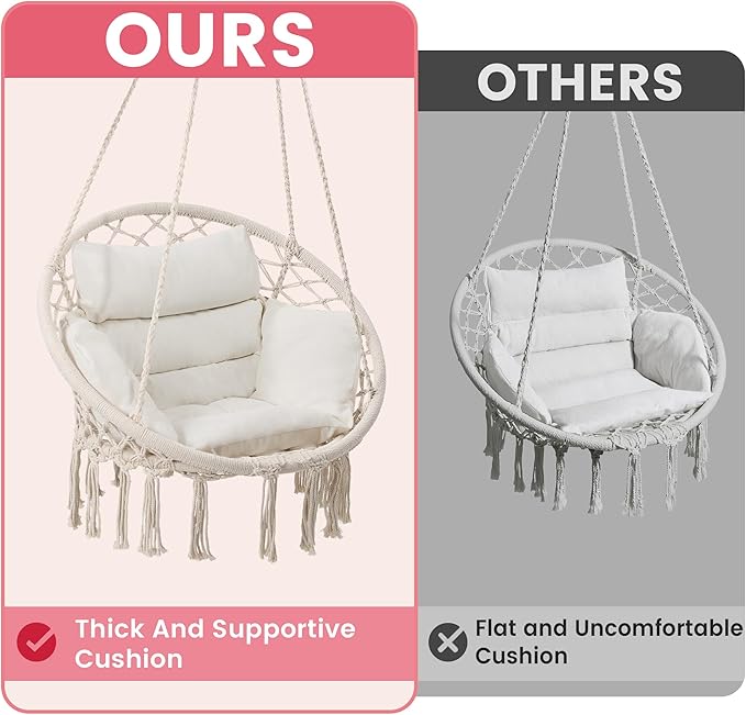 Macrame Hammock Hanging Swinging Chair with Medium Cushion, Perfect for Bedroom, Porch, Adults, Balcony, Beige