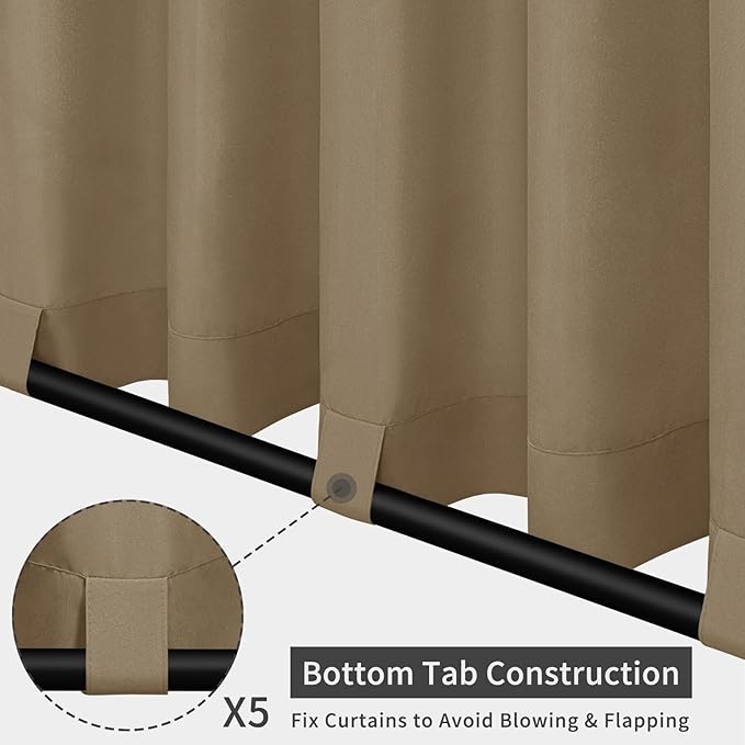 Easy-Going Outdoor Patio Curtains Detachable Tab Top Windproof Weatherproof Curtain for Cabana, Porch, Pergola and Gazebo, Tab Bottom Drape, 2 Panels, 110W x 108L inch, Khaki