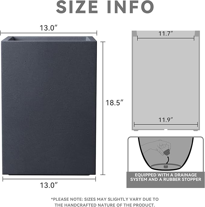 Kante 18.5" H Tall Rectangular Concrete Planters, Outdoor Indoor Lightweight Plant Pots with Drainage Hole and Rubber Plug, Modern Style for Home Garden Patio, Charcoal