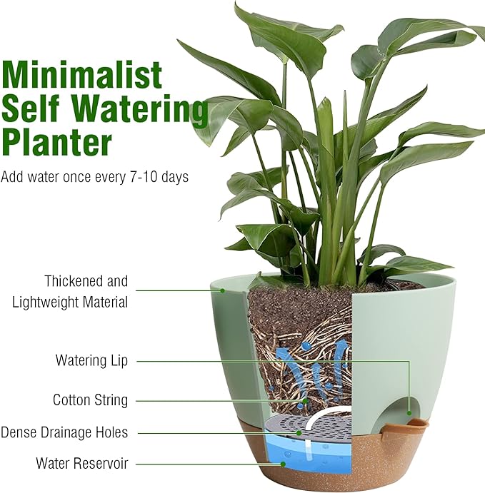 Big Self Watering Pots 12/10/9 inch, Planter, Plant Pots with Mesh Drainage Holes for Indoor Outdoor Garden Plants, Plastic Flower Pots with Removable Deep Reservoir, Green with Brown