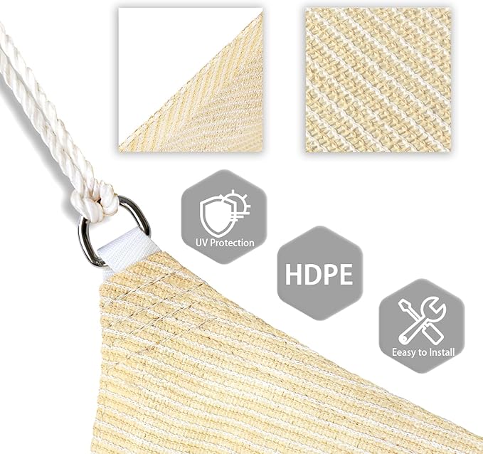 Patio Paradise 25' x 25' x 25' Sun Shade Sail Triangle Canopy Shade Cloth Fabric Sunlight Block Patio Pergola Cover HDPE Deck Awning for Outdoor Backyard Roof Shading, Beige