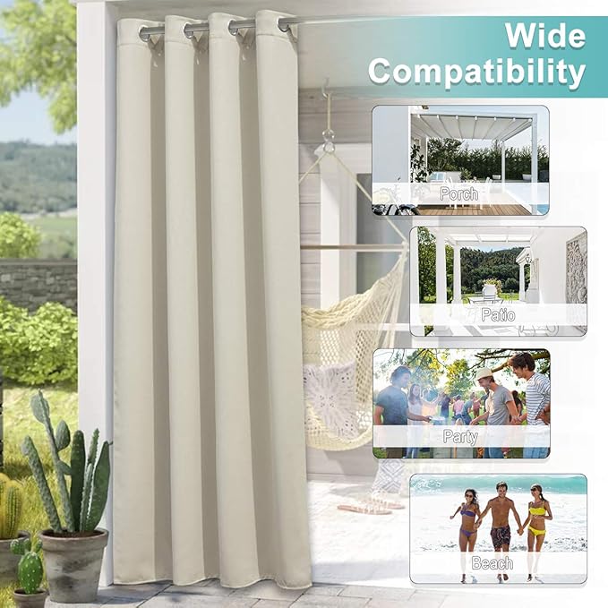 NICETOWN Outdoor Curtain for Patio Waterproof, Home Decor Thermal Insulated Grommet Top Blackout Indoor Outdoor Vertical Blind/Drape for Garage & Downstairs Window, W84 x L95, 1 PC, Beige