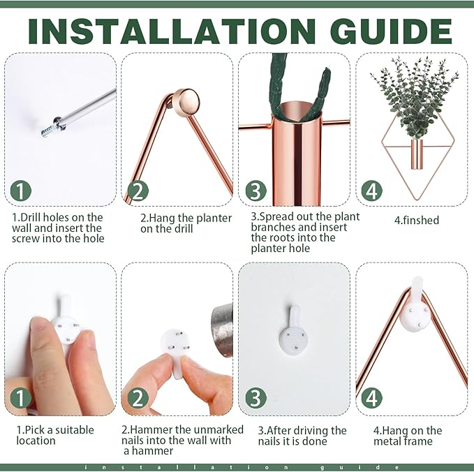 Jexine 8 Pcs Hanging Planters with Artificial Eucalyptus Metal Hanging Vase Indoor Plants Holder Modern Geometric Boho Bathroom Wall Decor for Living Room Home Office (Eucalyptus,Rose Gold)