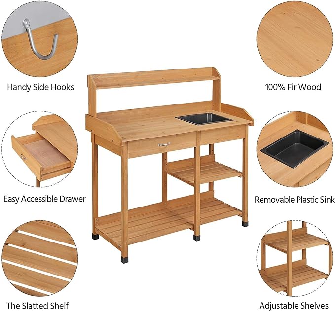 Yaheetech Potting Bench Outdoor Garden Work Bench Station Planting Solid Wood Construction for Horticulture w/Sink Drawer Rack Shelves Natural Wood