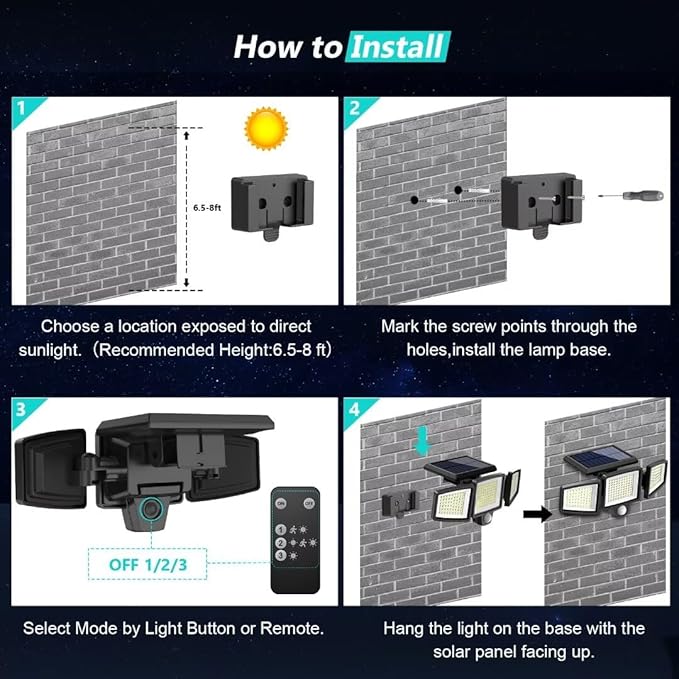 Tuffenough Solar Outdoor Lights 2500LM 210 LED Security Lights with Remote Control,3 Heads Motion Sensor Lights, IP65 Waterproof,270° Wide Angle Flood Wall Lights with 3 Modes(4 Pack)