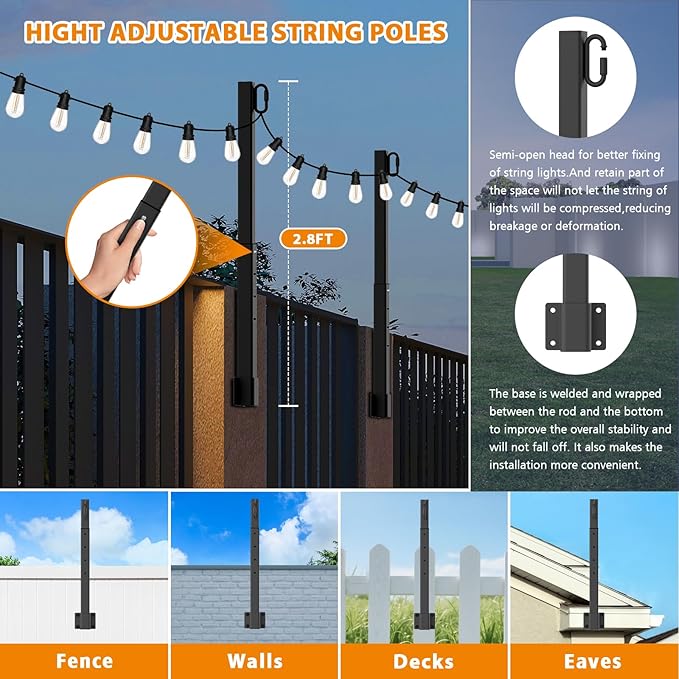 AILBTON 10 Pack 2.8Ft String Light Poles,Light Poles for Outside String Lights,Outdoor Light Poles with Fence Bracket,Metal Pole Stand for Patio,Backyard,Deck