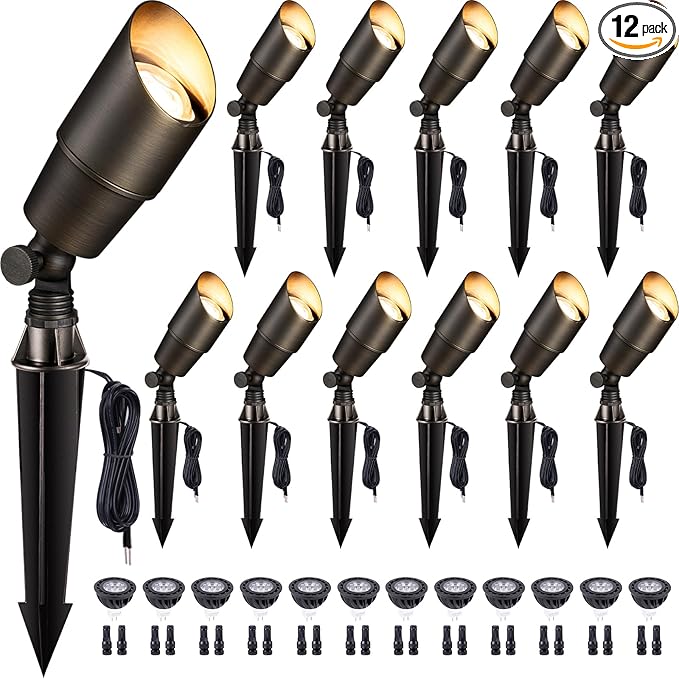 Gardenreet LED Spot Light Outdoor - Die-Cast Brass 12V Uplighting Waterproof, Low Voltage Landscape Lights Metal, Bronze for Fence Fountain with Warm White MR16 Replaceable Bulbs (12 Pack)