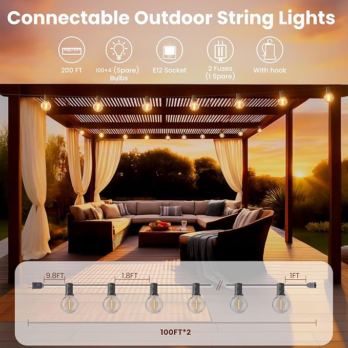 RTTY Dense-Glow 200FT Outdoor String Lights Expandable System with 100 G40 Bulbs (2x100FT) - for Sprawling Properties, Large Commercial Patios, or Dual-Zone Backyard & Event Lighting