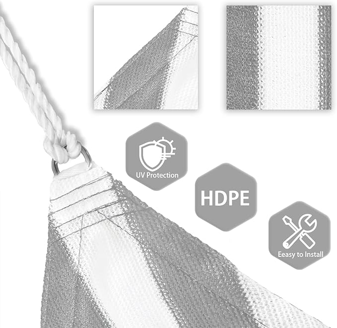 Patio Paradise 13' x 13' x 13' Sun Shade Sail Triangle Canopy Shade Cloth Fabric Sunlight Block Patio Pergola Cover HDPE Deck Awning for Outdoor Backyard Roof Shading, Gray White Strip