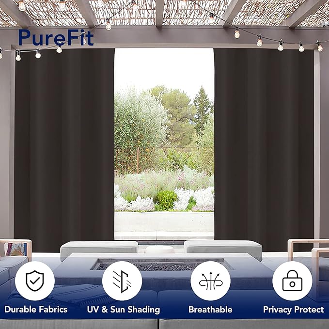 PureFit Outdoor Curtains for Patio Waterproof Weatherproof, UV Resistant Outside Curtains for Gazebo, Front Porch, Pergola, Sun Blocking Privacy Curtain, 52W x 84L inch, 1 Panel, Chocolate
