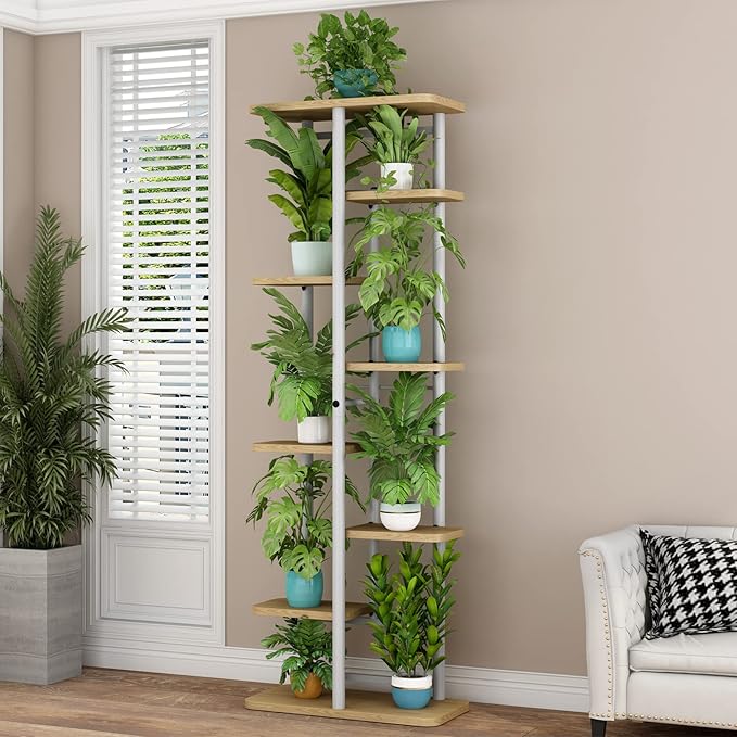 LINZINAR Plant Stand 8 Tier 9 Potted Multiple Flower Pot Holder Shelf Indoor Outdoor Planter Rack Storage Organizer for Patio Garden Corner Balcony Living Room (8 Tier-9 Potted, White)