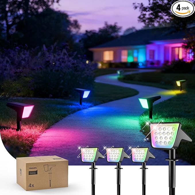 Philips 4 Packs Solar RGBW Spot Lights Outdoor, 18 LED Solar Powered Landscape Lights, 9 Lighting Modes Color-Changing Dusk to Dawn Waterproof Pathway Spotlights for Garden Trees Halloween Christmas