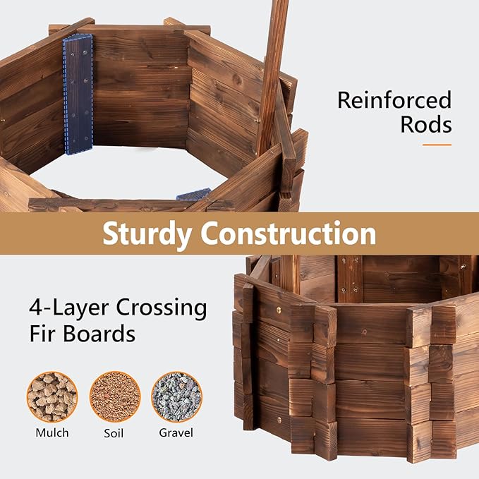 VINGLI Wooden Wishing Well Outdoor Planters, Well Covers for Yard with 2 Reinforced Rods, Height Adjustable Hanging Bucket, Rustic Flower Pot Home Decor for Outside Patio Garden
