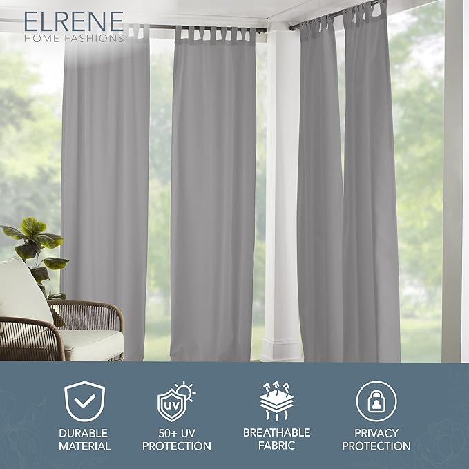 Elrene Home Fashions Matine Weatherproof Tab-Top Indoor/Outdoor Solid Color Curtain Panel for Porch, Pergola, Patio, Deck, 52”W x 108”L, Gray
