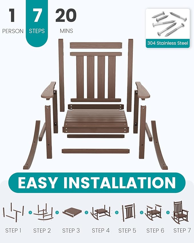 SERWALL Oversized Outdoor Rocking Chair Set of 2, HDPE Rocker for Adults, Patio Rocking Chairs for Porch, Brown