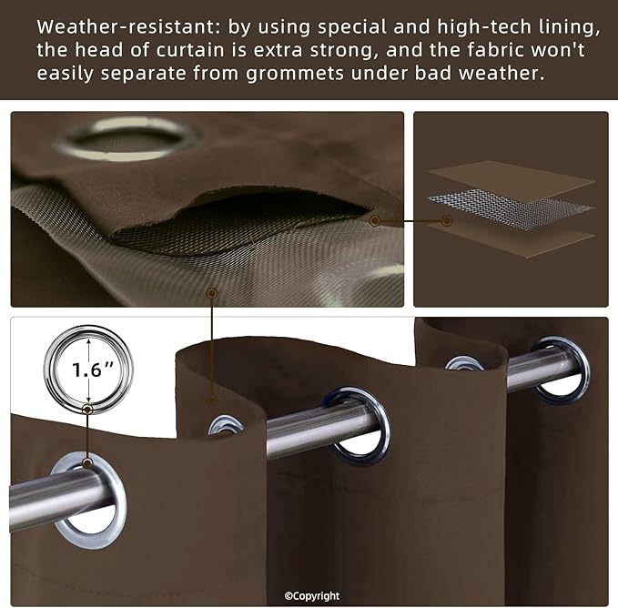 Water Proof Outside Curtains W52 x L72 with Grommet Top for Porch, Thermal Insulated Washable Light Block Outdoor Divider Drapes for Patio Gazebo Deck Pool Area Pergola Cabana (Brown, 2 Panels)