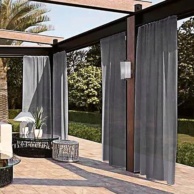 SpaceDresser Waterproof Outdoor Sheer Curtains for Patio - 2 Panels Rod Pocket Indoor Voile Sheer Curtain for Living Room,52W x 84L inch, Grey