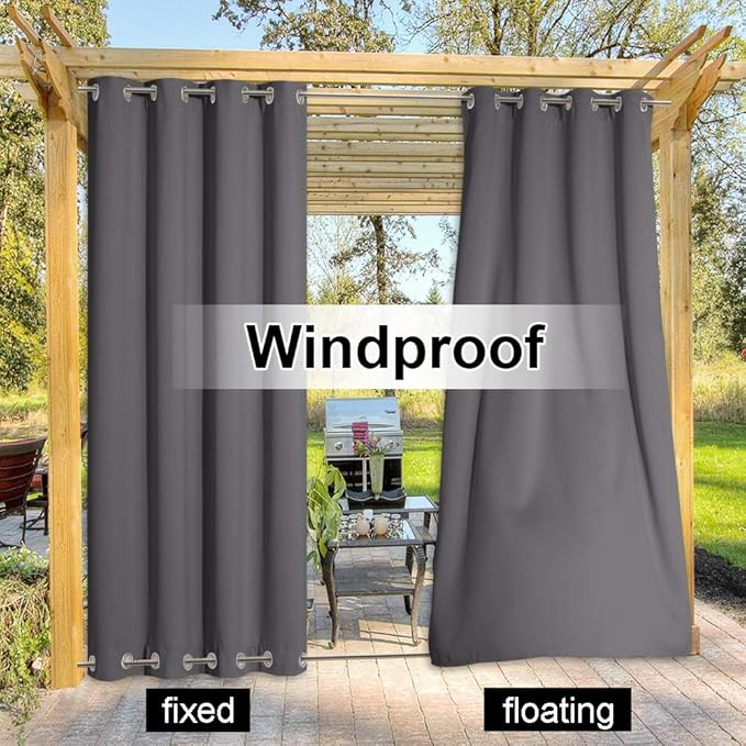 NICETOWN Blackout Outdoor Curtain for Patio Waterproof Extra Long 120", Windproof Energy Saving Top and Bottom Rustproof Grommets Outdoor Drape for Porch, 1 Piece, 52 inches Wide, Grey