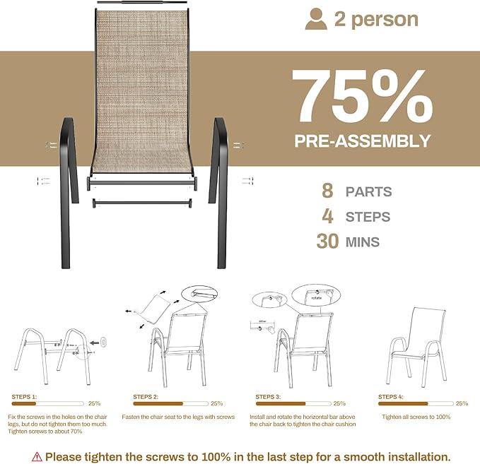 TLSUNNY Patio Chairs, Stackable Textilene Outdoor Dining Furniture for All Weather, with 17.7″ Wide Seat & Metal Frame, for Garden, Backyard, Deck, Restaurant, Poolside (8, Brown, 26.4″)