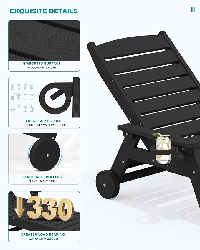 SERWALL Patio Chaise Lounge Chair Set of 2, 78'' Long 5-Positions Adjustable HDPE Outdoor Lounger for Pool, Poly Lounge Chair with Rolling Wheels & Cup Holder for Poolside, Deck, Black