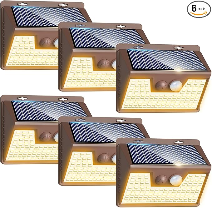 Peasur Solar Lights Outdoor Motion Sensor Waterproof, 6Pack 140LED Brown Solar Powered Fence Light, 3 Modes Security Wall Lights for Garden Yard Outside(Warm White)