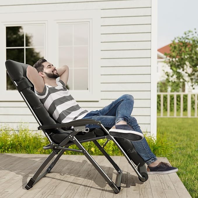 UDPATIO Oversized Zero Gravity Chair Set of 2, 29In XL Patio Reclining Chair with Cushion, Outdoor Folding Recliner with Pillows|Cup Holder|Foot Rest|Padded Headrest, Brown Grey, Support 500LB