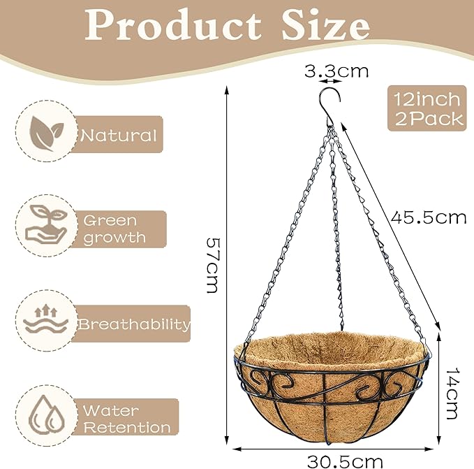 Outdoor Metal Hanging Planters Basket (2pack, 12 inch) Hanging Baskets for Plants Chain Round Wire Plant Holder with Coco Fiber Liners for Garden, Patio, Deck, Porch(Flower Border)