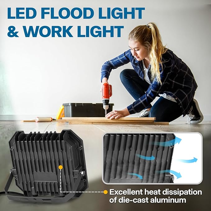 2 Pack LED Flood Lights Outdoor, 50W 5000LM Super Bright Floodlight Outside Work Light with 5.9FT Plug, IP65 Waterproof 6000K Outdoor LED Flood Light for Garage, Yard, Lawn, Garden