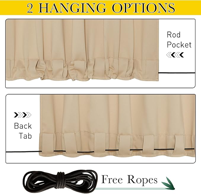 NICETOWN 2 Panels Outdoor Patio Curtains Windproof Top & Bottom Grommet & Back Tab, Thermal Insulated Windproof Drapes Keep Privacy for Garage/Porch with Ropes for Fixed, Biscotti Beige, W46 x L80