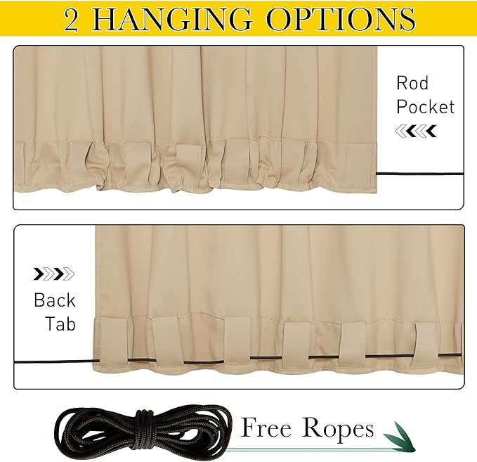 NICETOWN 2 Panels Outdoor Patio Curtains W100 x L84, Waterproof & Windproof Extra Wide Grommet & Back Tab on Top & Bottom Thermal Insulated Sun Blocking Drapes with Rope for Deck, Biscotti Beige