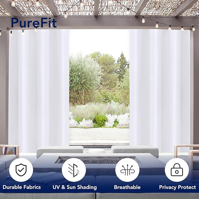 PureFit Outdoor Curtains for Patio Waterproof Weatherproof, UV Resistant Outside Curtains for Gazebo, Front Porch, Pergola, Sun Blocking Privacy Curtain, 52W x 84L inch, Set of 2, White