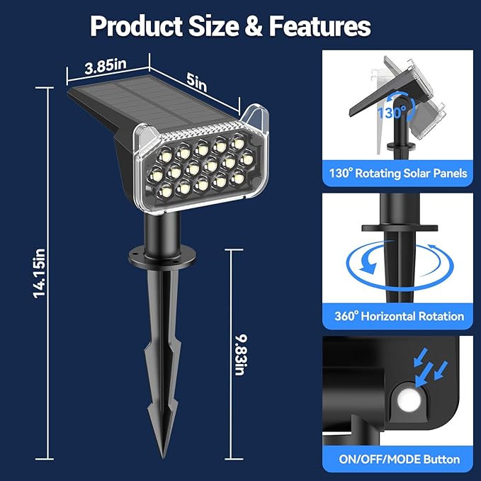 WdtPro Solar Spot Lights Outdoor Waterproof, Bright Solar Lights Outdoor with 16 Extra-Large LEDs, 3 Modes Landscape Spotlights, 2-in-1 Solar Powered Light for Yard Flag Garden, 10 Pack, Warm White