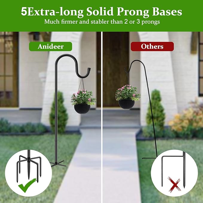 48 Inch Shepherds Hooks for Outdoor, Heavy Duty Bird Feeder Pole with 5 Prong Bases, Garden Hanging Stake for Bird Feeder, Solar Light, Plant Hanger, Wedding Decor, Metal Hanger Hooks, Black, 2 Packs